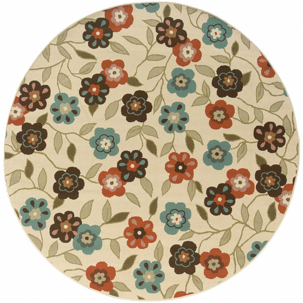 8' Ivory Round Floral Stain Resistant Indoor Outdoor Area Rug