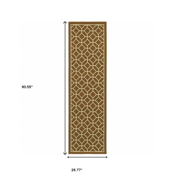2' X 8' Brown Geometric Stain Resistant Indoor Outdoor Area Rug