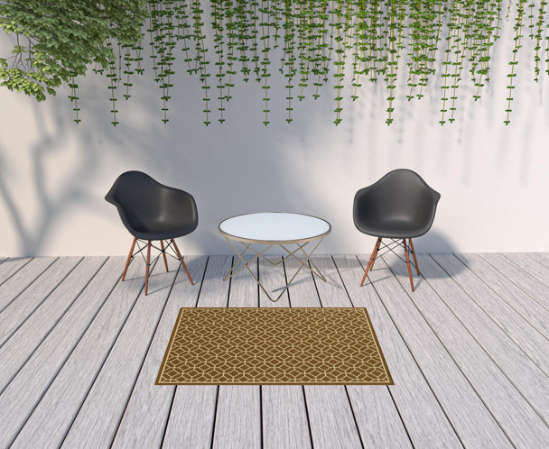 4' X 6' Brown Geometric Stain Resistant Indoor Outdoor Area Rug