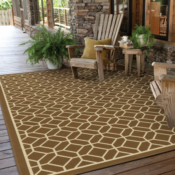 5' X 8' Brown Geometric Stain Resistant Indoor Outdoor Area Rug