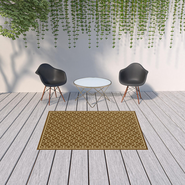 5' X 8' Brown Geometric Stain Resistant Indoor Outdoor Area Rug