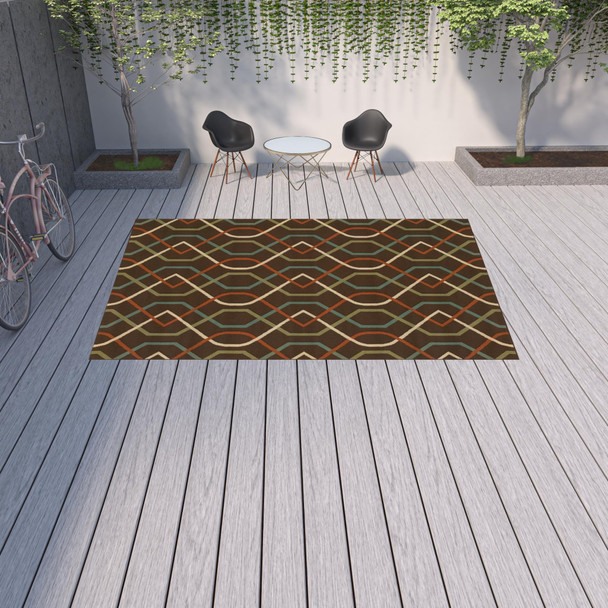 9' X 13' Brown Geometric Stain Resistant Indoor Outdoor Area Rug