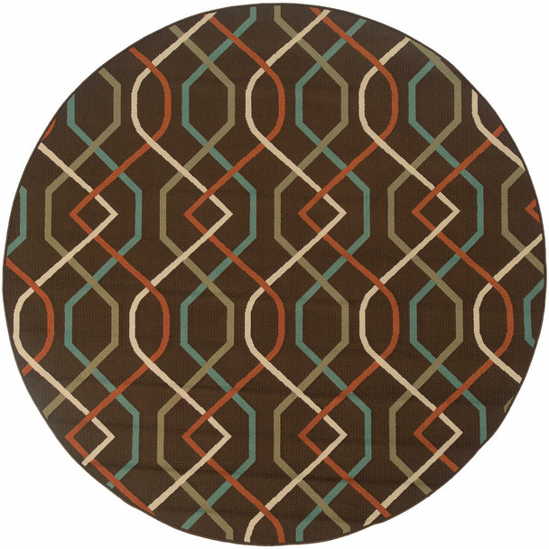 8' Brown Round Geometric Stain Resistant Indoor Outdoor Area Rug