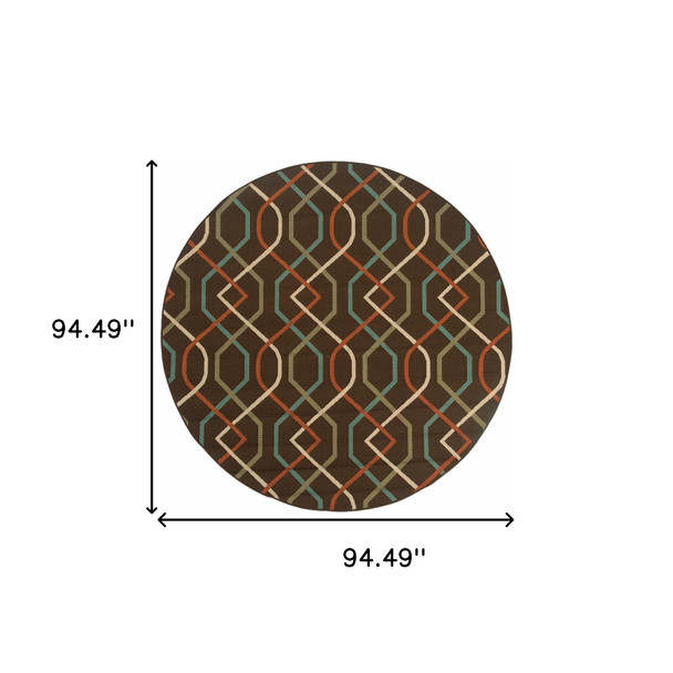 8' Brown Round Geometric Stain Resistant Indoor Outdoor Area Rug