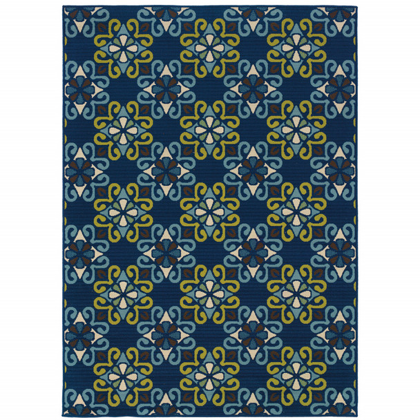 4' X 6' Blue Floral Stain Resistant Indoor Outdoor Area Rug