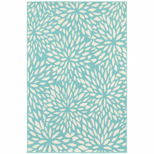 4' X 6' Blue Floral Stain Resistant Indoor Outdoor Area Rug