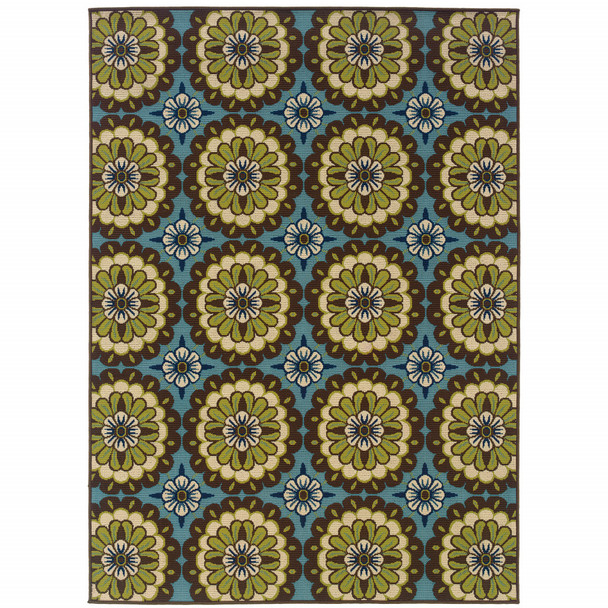8' X 11' Blue Floral Stain Resistant Indoor Outdoor Area Rug