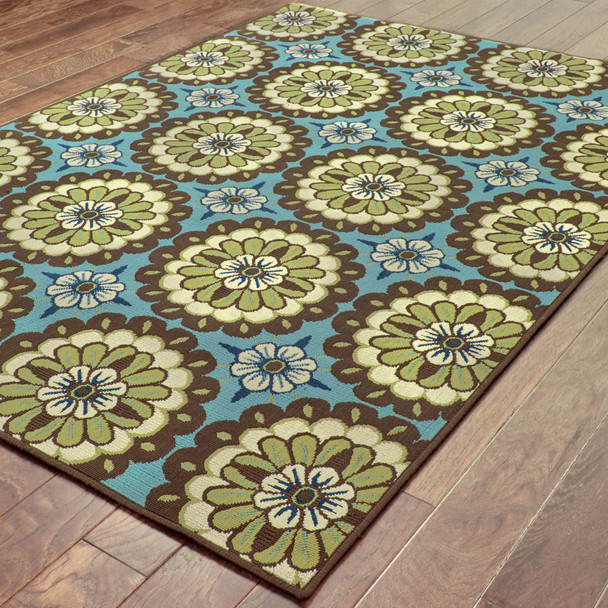 8' X 11' Blue Floral Stain Resistant Indoor Outdoor Area Rug