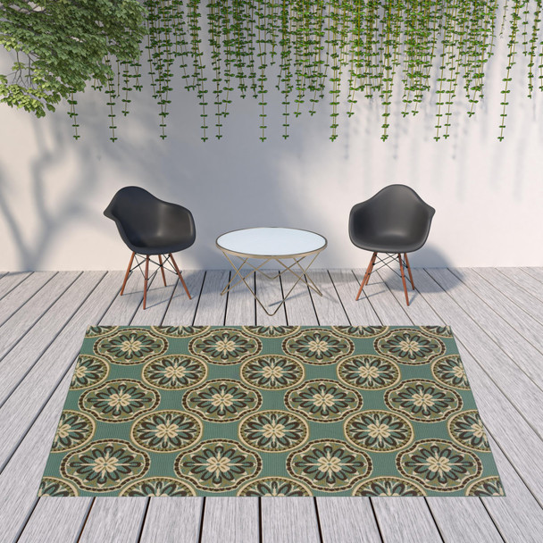 8' X 11' Blue Floral Stain Resistant Indoor Outdoor Area Rug