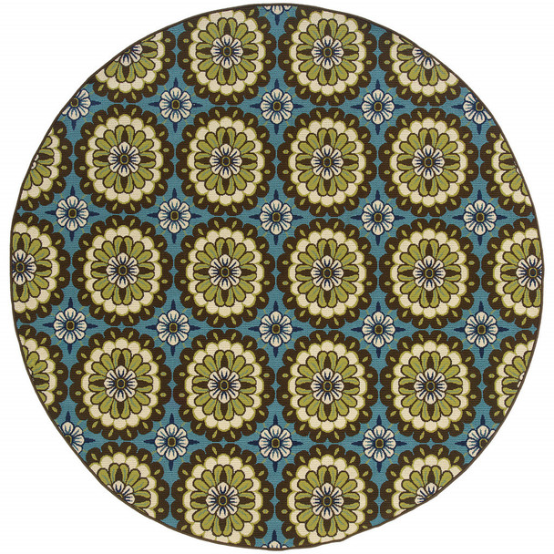 8' Blue Round Floral Stain Resistant Indoor Outdoor Area Rug