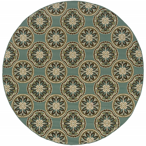 8' Blue Round Floral Stain Resistant Indoor Outdoor Area Rug