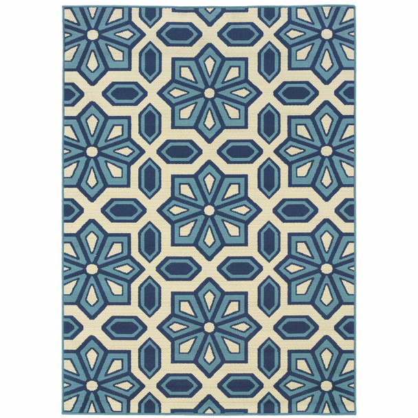 5' X 8' Ivory Geometric Stain Resistant Indoor Outdoor Area Rug