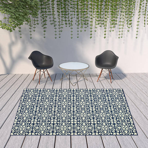 8' X 11' Ivory Geometric Stain Resistant Indoor Outdoor Area Rug