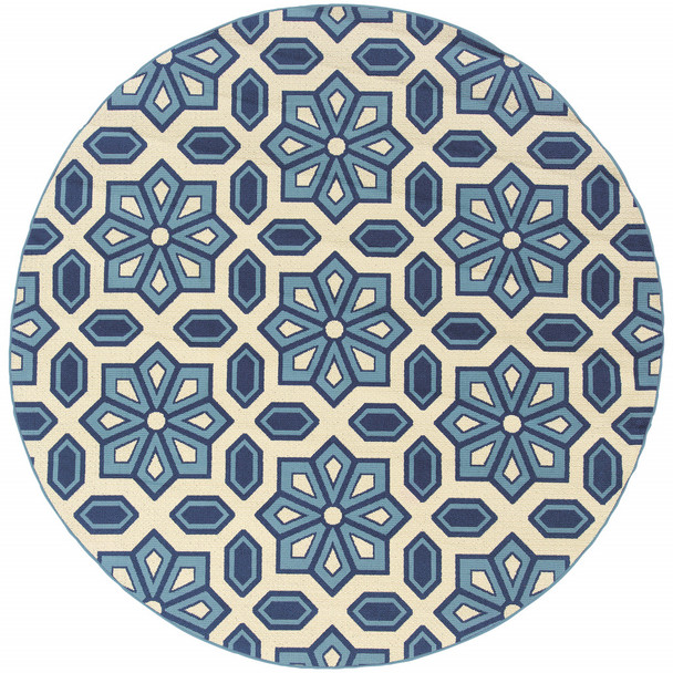 8' Round Ivory Round Geometric Stain Resistant Indoor Outdoor Area Rug