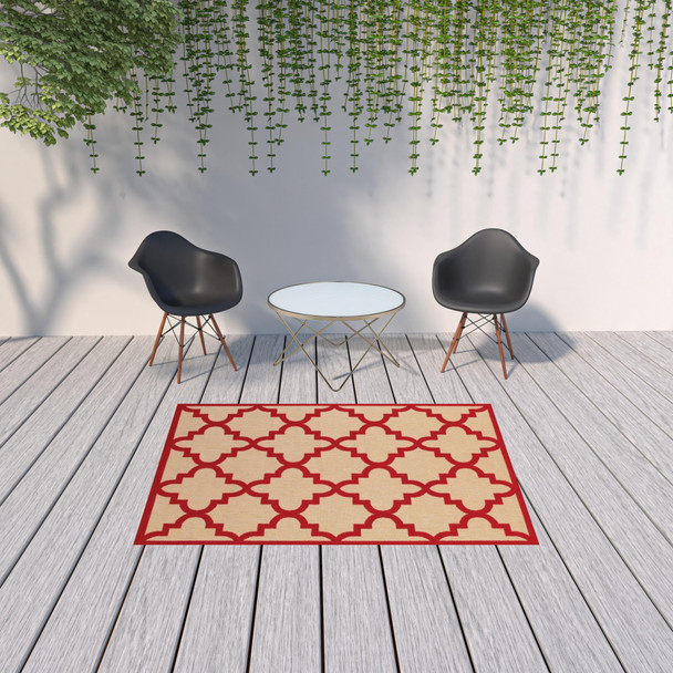 5' X 8' Sand Geometric Stain Resistant Indoor Outdoor Area Rug