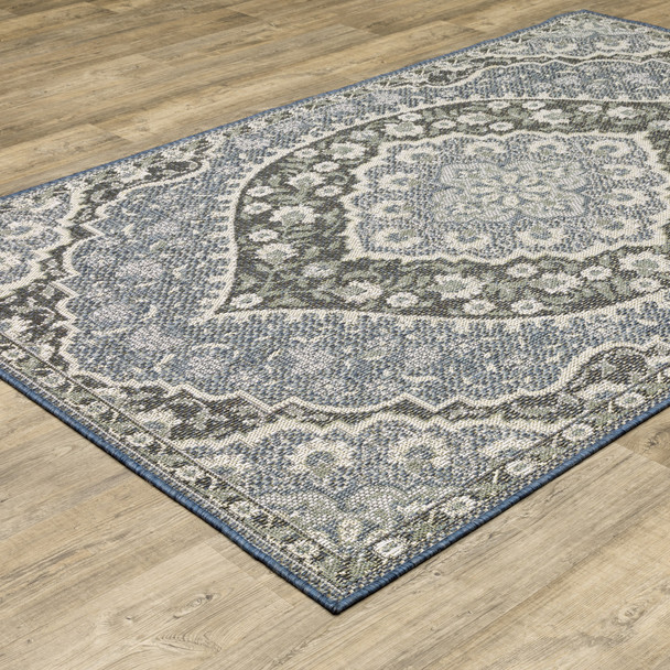 6' X 9' Blue Oriental Stain Resistant Indoor Outdoor Area Rug