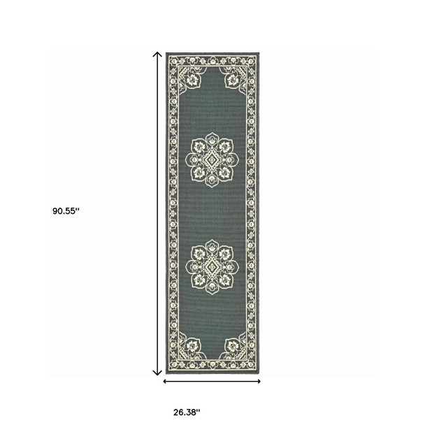 2' X 8' Grey Oriental Stain Resistant Indoor Outdoor Area Rug