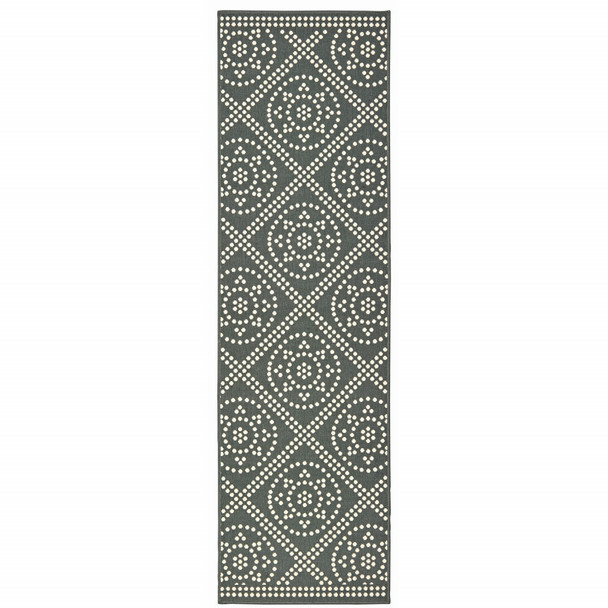 2' X 8' Grey Geometric Stain Resistant Indoor Outdoor Area Rug