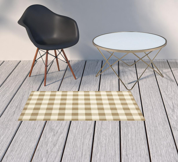 2' X 4' Tan Geometric Stain Resistant Indoor Outdoor Area Rug