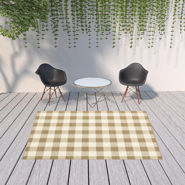 6' X 9' Tan Geometric Stain Resistant Indoor Outdoor Area Rug