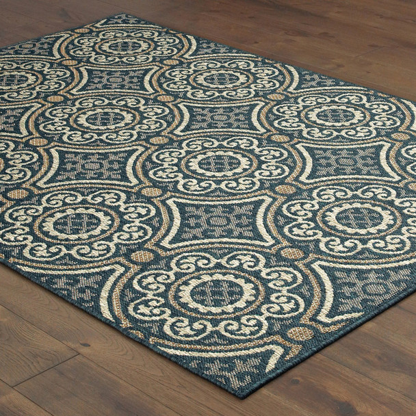 5' X 7' Blue Geometric Stain Resistant Indoor Outdoor Area Rug