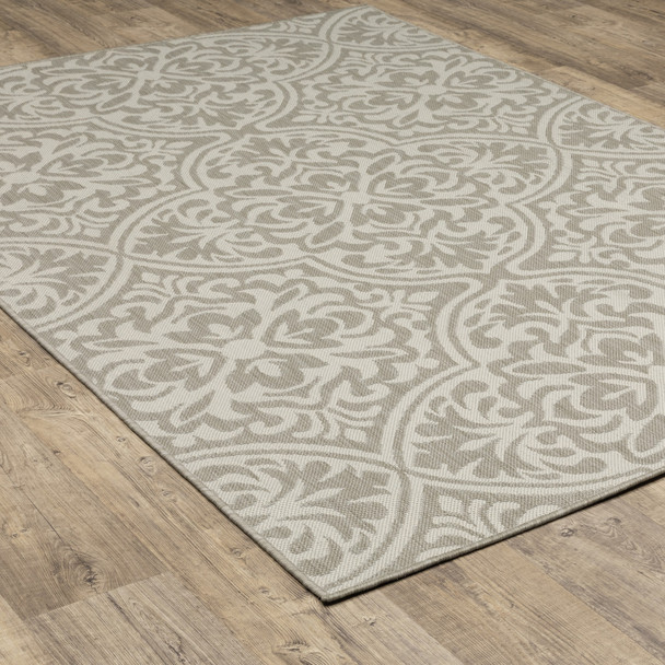 10' X 13' Grey Floral Stain Resistant Indoor Outdoor Area Rug