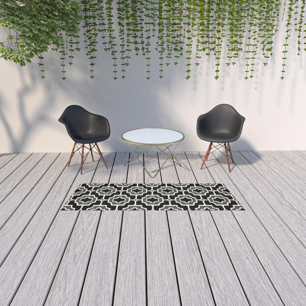 2' X 8' Black Geometric Stain Resistant Indoor Outdoor Area Rug