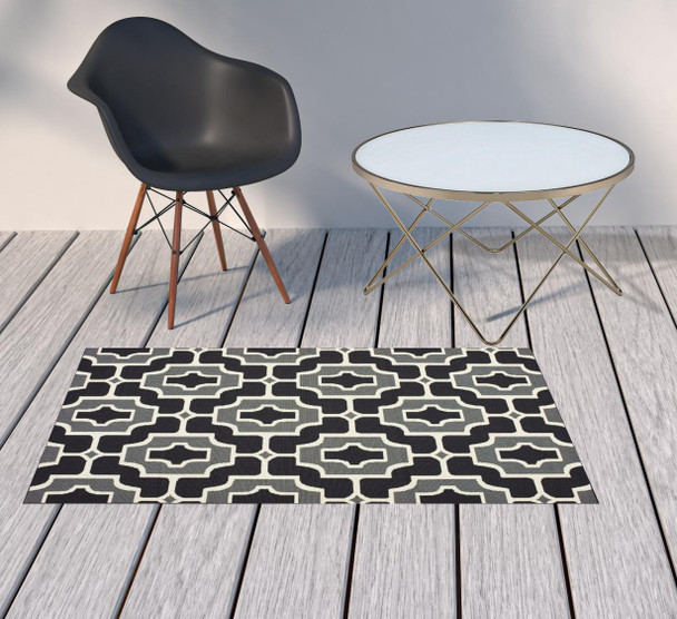 3' X 5' Black Geometric Stain Resistant Indoor Outdoor Area Rug