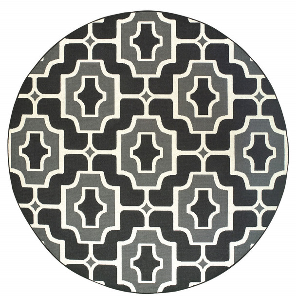 8' Black Round Geometric Stain Resistant Indoor Outdoor Area Rug