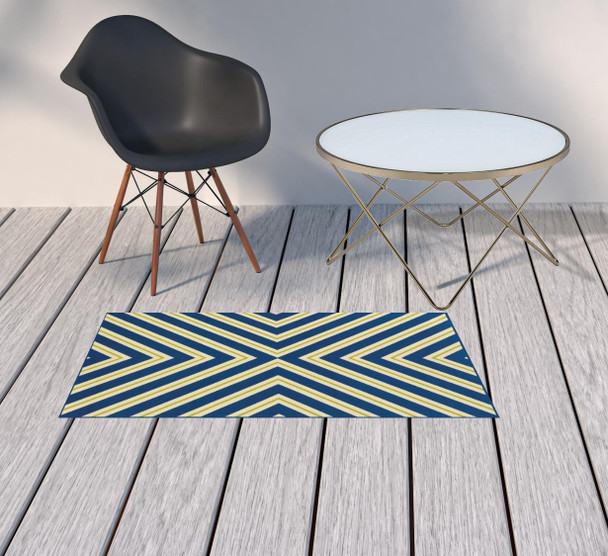 2' X 4' Navy Geometric Stain Resistant Indoor Outdoor Area Rug