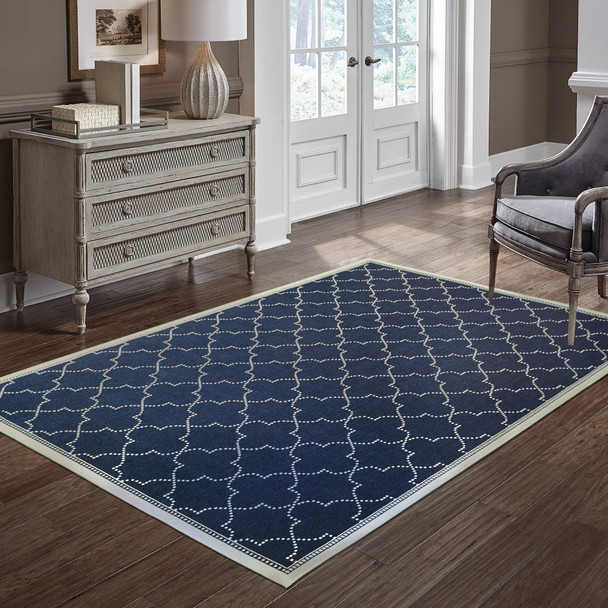 3' X 5' Navy Geometric Stain Resistant Indoor Outdoor Area Rug