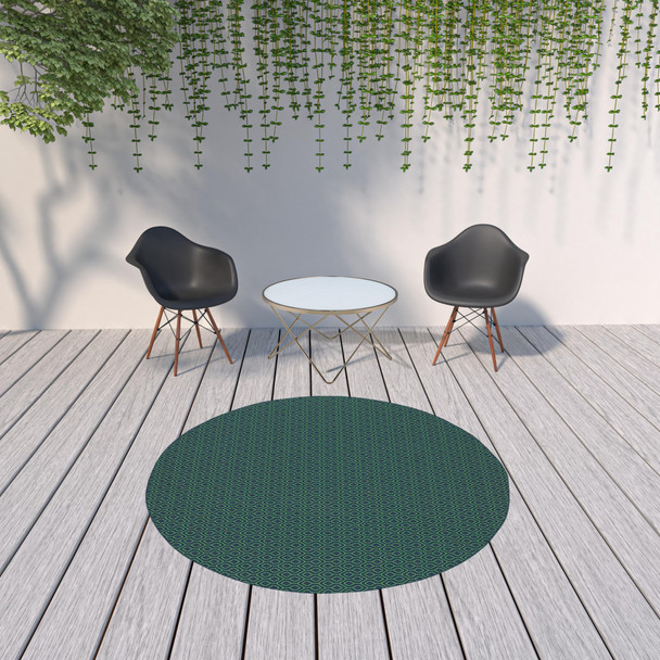 8' Navy Round Geometric Stain Resistant Indoor Outdoor Area Rug