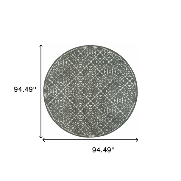 8' Grey Round Geometric Stain Resistant Indoor Outdoor Area Rug