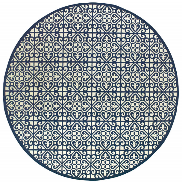 8' Ivory Round Geometric Stain Resistant Indoor Outdoor Area Rug