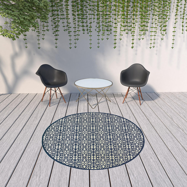 8' Ivory Round Geometric Stain Resistant Indoor Outdoor Area Rug