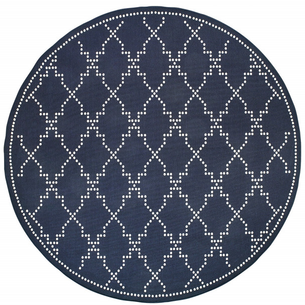 8' Round Navy Round Geometric Stain Resistant Indoor Outdoor Area Rug