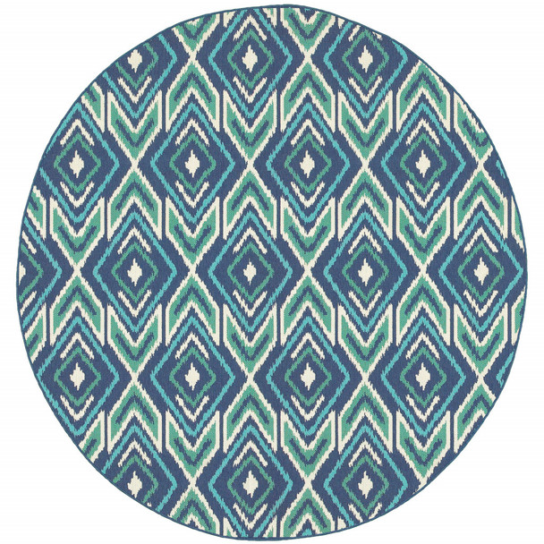 8' Round Navy Round Geometric Stain Resistant Indoor Outdoor Area Rug