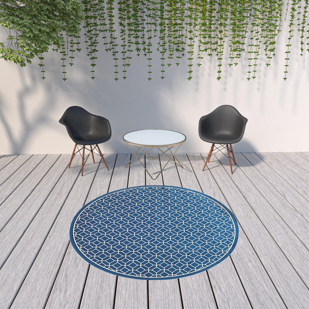 8' Round Navy Round Geometric Stain Resistant Indoor Outdoor Area Rug