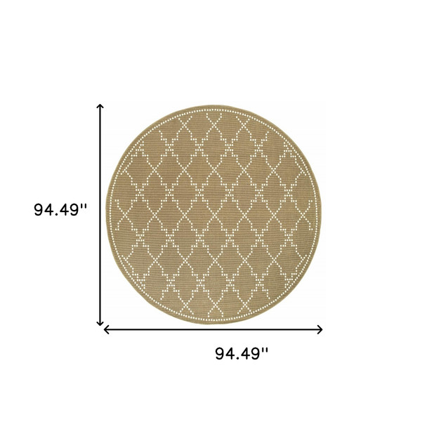 8' Tan Round Geometric Stain Resistant Indoor Outdoor Area Rug