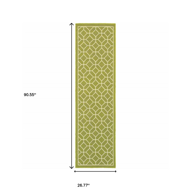 2' X 8' Green Geometric Stain Resistant Indoor Outdoor Area Rug