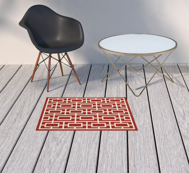 2' X 3' Red Geometric Stain Resistant Indoor Outdoor Area Rug