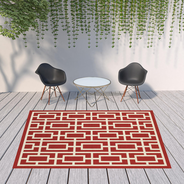 8' X 11' Red Geometric Stain Resistant Indoor Outdoor Area Rug