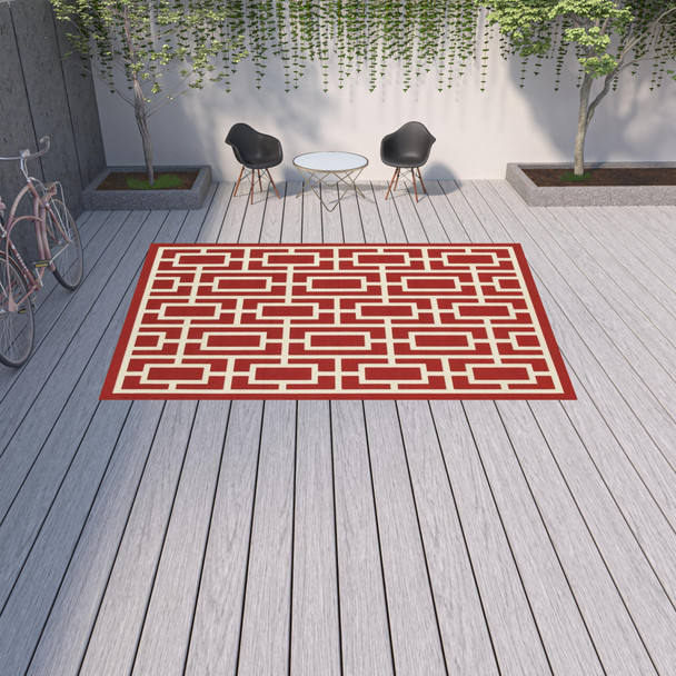 9' X 13' Red Geometric Stain Resistant Indoor Outdoor Area Rug