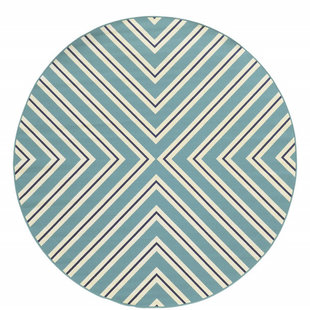 8' Round Blue Round Geometric Stain Resistant Indoor Outdoor Area Rug