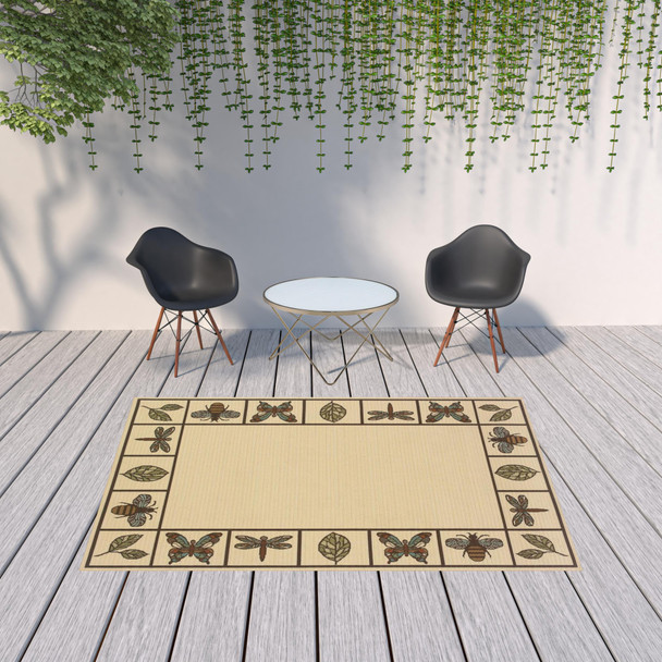 6' X 9' Ivory Abstract Stain Resistant Indoor Outdoor Area Rug