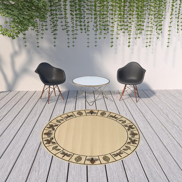 8' Ivory Round Abstract Stain Resistant Indoor Outdoor Area Rug