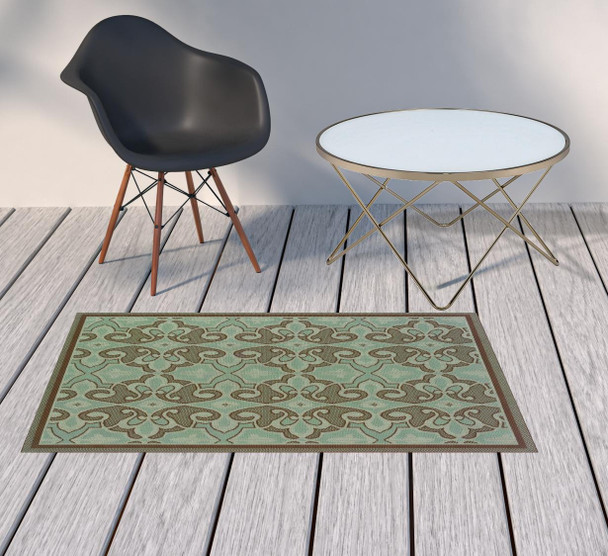 3' X 5' Blue Oriental Stain Resistant Indoor Outdoor Area Rug