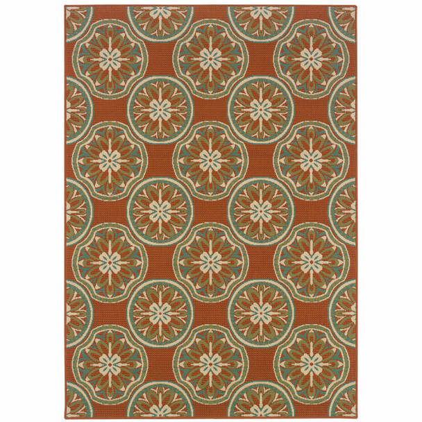 2' X 4' Rust Floral Stain Resistant Indoor Outdoor Area Rug