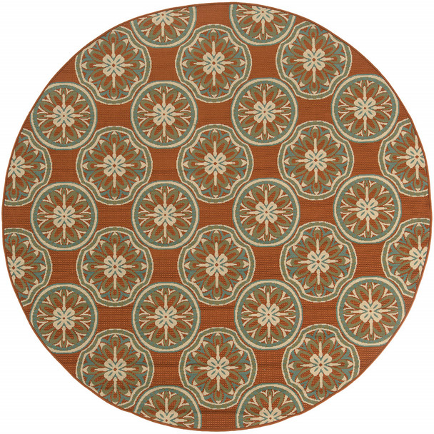 8' Rust Round Floral Stain Resistant Indoor Outdoor Area Rug