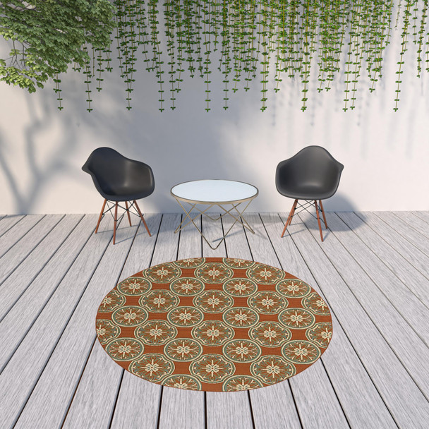 8' Rust Round Floral Stain Resistant Indoor Outdoor Area Rug